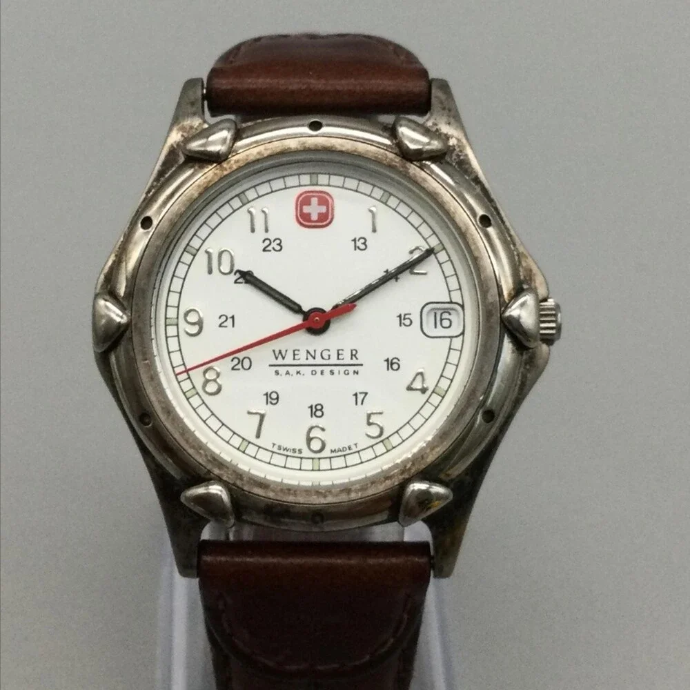 Vintage Wenger SAK Design Mens Watch 35mm Brown Leather NOT RUNNING FOR PARTS